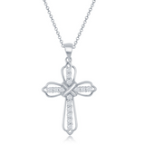 The Classic of New York Sterling Silver CZ Filigree Cross Necklace features a delicate chain and a cross adorned with sparkling gemstones and an elegant, intertwined ribbon design for timeless beauty.
