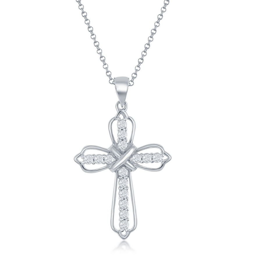 The Classic of New York Sterling Silver CZ Filigree Cross Necklace features a delicate chain and a cross adorned with sparkling gemstones and an elegant, intertwined ribbon design for timeless beauty.