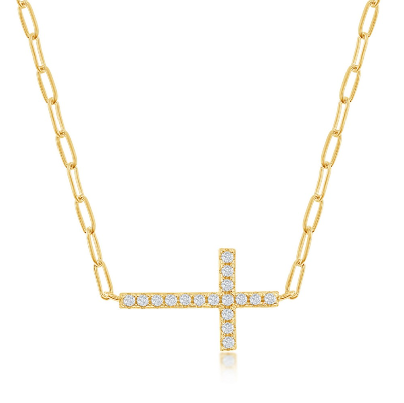 Classic of New Yorks Gold Plated Sideways Cross/Paperclip Necklace features a gold-plated paperclip chain and a sideways cross pendant adorned with small, round white diamonds.