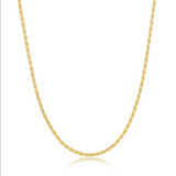 The Classic of New York Gold Plated 1.5MM Rope Chain, 18 inches long, is displayed on a plain white background, highlighting its twisted and textured rope design with a gentle curve.