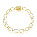 The Classic of New York Gold Plated CZ Square Paperclip Bracelet, featuring diamond-encrusted square links and a decorative clasp, is showcased against a white background.
