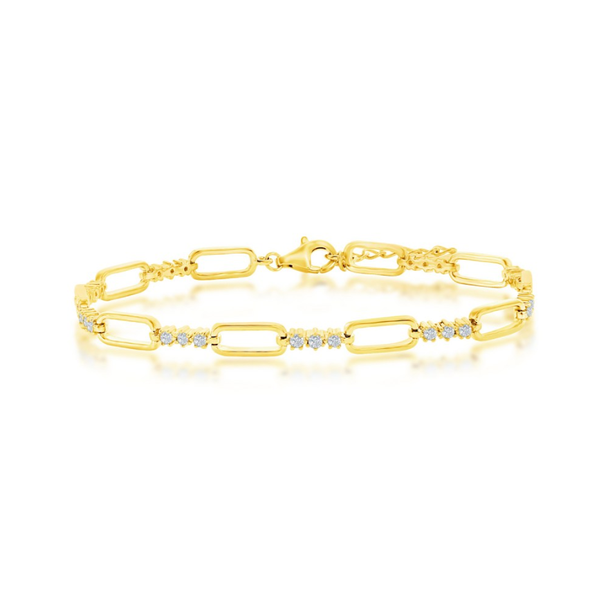 The Classic of New York Gold Plated Alternating Paperclip & CZ Bracelet features rectangular links with sparkling white stones, shown against a white background.