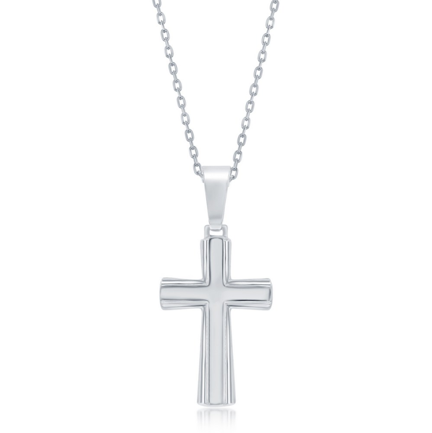 The Classic of New York Sterling Silver Simple Cross Necklace features a polished cross pendant on a delicate 925 sterling silver chain, displayed against a white background.