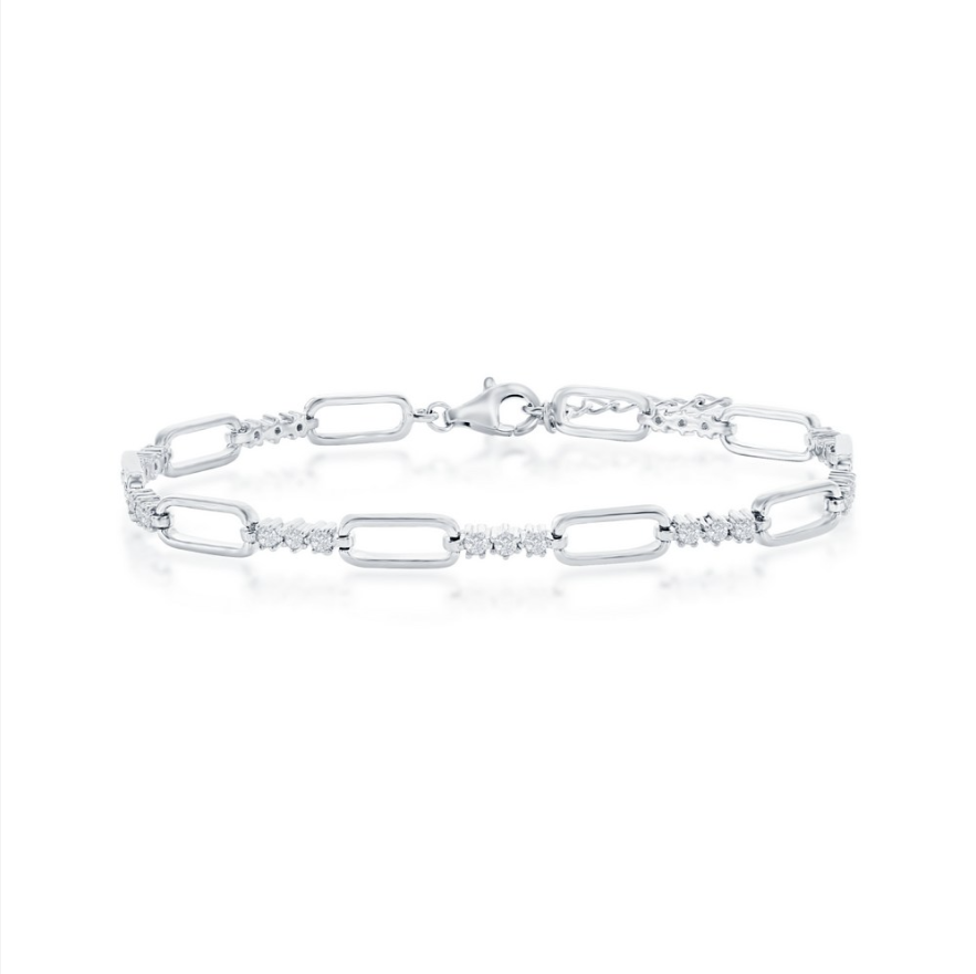 The Classic of New York Sterling Silver Alternating Paperclip & CZ Bracelet features elongated and round links, secured with a lobster clasp, shown on a white background.