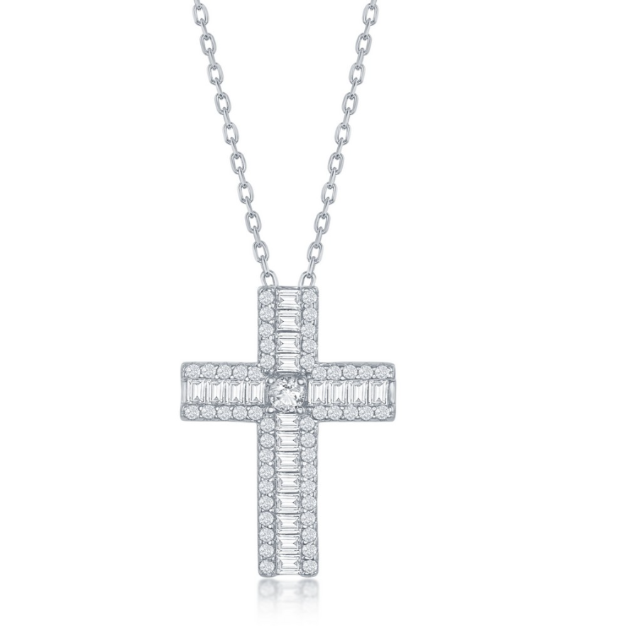 The Classic of New York Sterling Silver Baguette CZ Cross Necklace features a 925 silver pendant with rectangular baguette and round white gemstones on a delicate chain.
