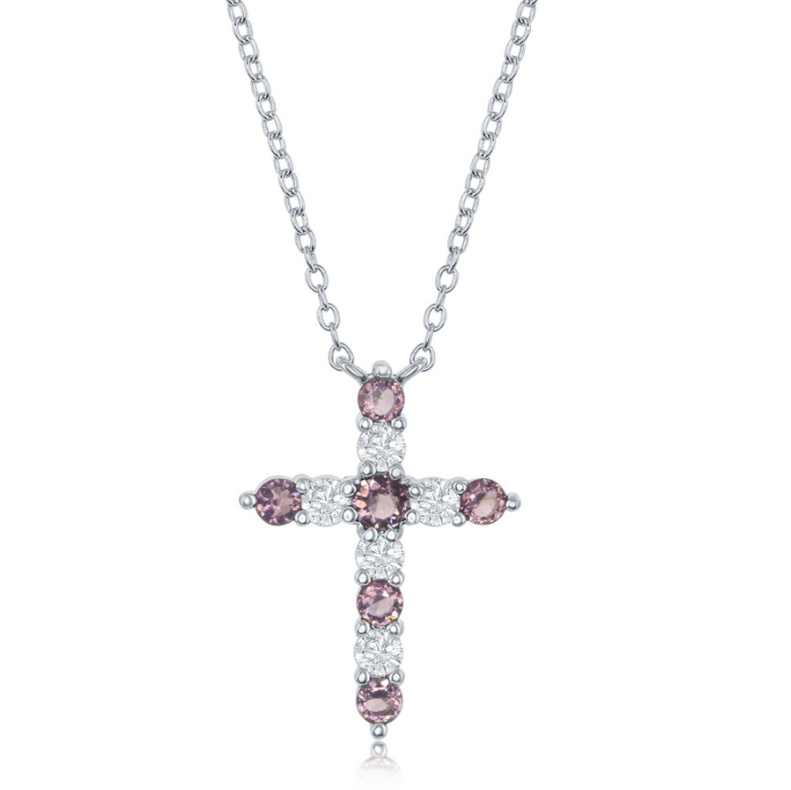 The Classic of New York Sterling Silver Birthstone Cross (February) Necklace features a cross pendant with alternating round pink and clear gemstones, ideal as February birthstone jewelry.