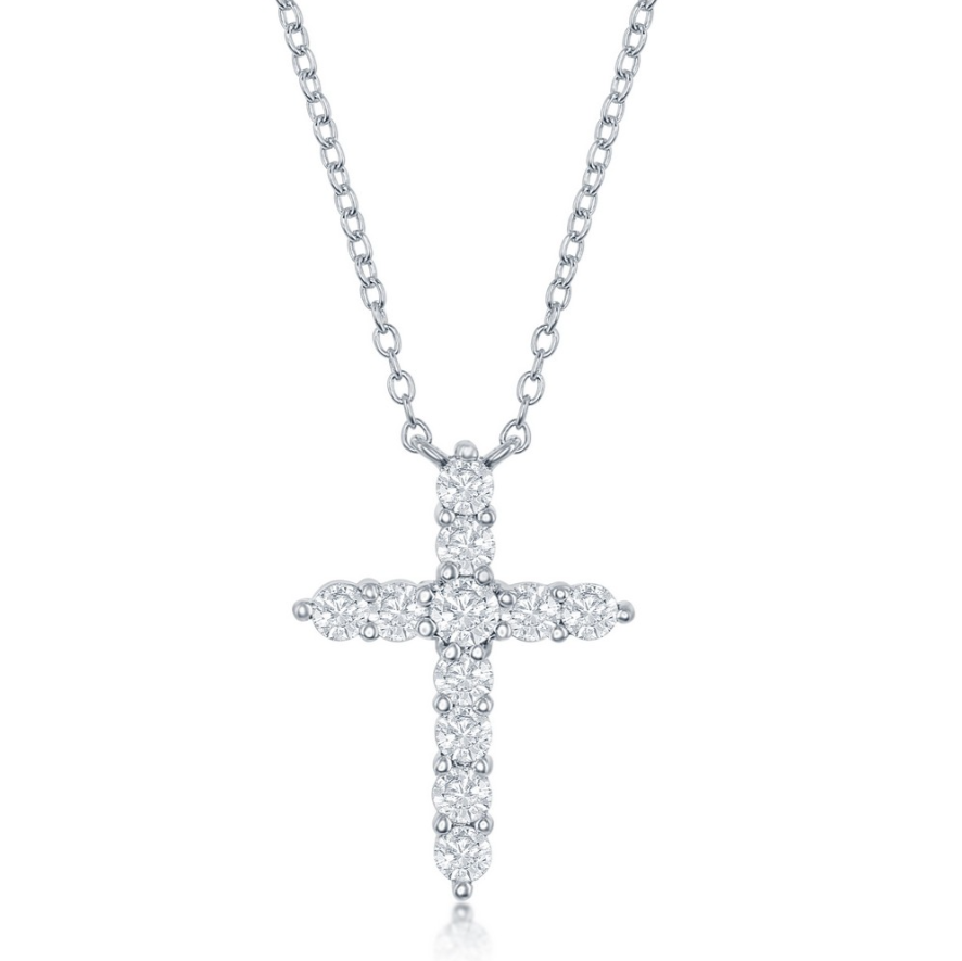 The Classic of New York Sterling Silver Birthstone Cross (April) Necklace features a cross pendant with round, sparkling diamonds—an elegant touch for any occasion.
