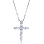 The Classic of New York Sterling Silver Birthstone Cross (June) Necklace features a silver chain and cross pendant with alternating clear and lavender CZ stones in a radiant, symmetrical design.