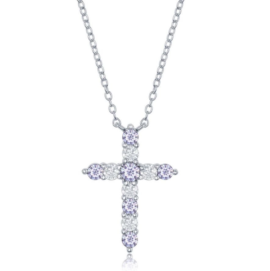 The Classic of New York Sterling Silver Birthstone Cross (June) Necklace features a silver chain and cross pendant with alternating clear and lavender CZ stones in a radiant, symmetrical design.