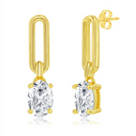 Classic of New York Gold Plated Paperclip w/Oval CZ Dangle Earrings feature elongated oval links and prong-set clear gemstones, displayed against a white background.