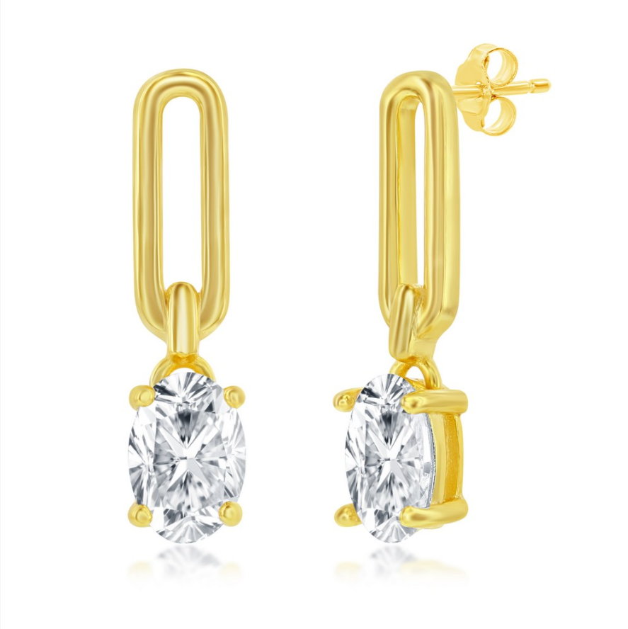 Classic of New York Gold Plated Paperclip w/Oval CZ Dangle Earrings feature elongated oval links and prong-set clear gemstones, displayed against a white background.