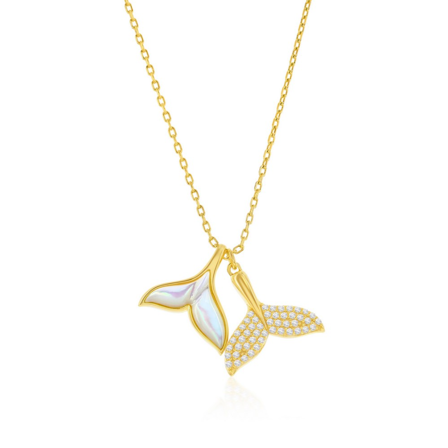 Classic of New York’s Gold Plated Mother-of-Pearl & CZ Double Whale Tail Necklace features two gold whale tail pendants—one with iridescent mother-of-pearl, the other with sparkling cubic zirconia—on a delicate chain.