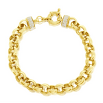 The Classic of New York Gold Plated Heavy Chain Link CZ Bracelet features large polished links and two sparkling CZ sections near the clasp, arranged in a circular shape on a white background.