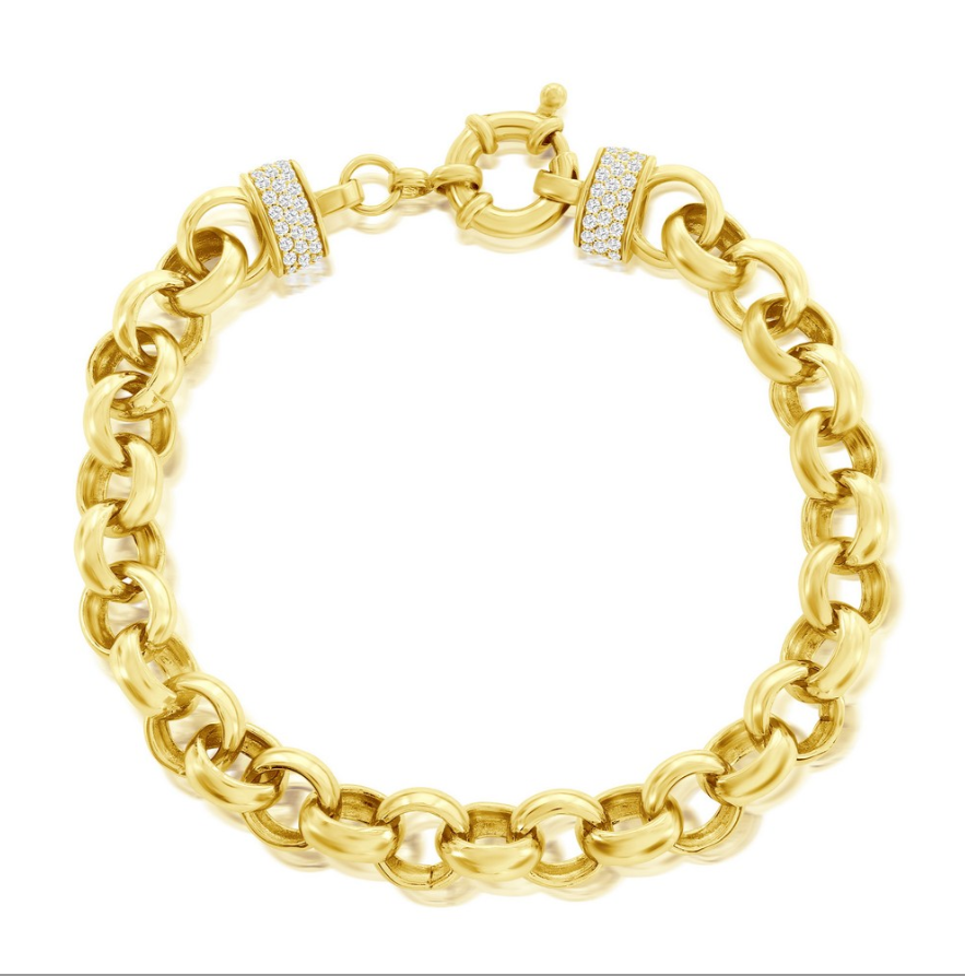 The Classic of New York Gold Plated Heavy Chain Link CZ Bracelet features large polished links and two sparkling CZ sections near the clasp, arranged in a circular shape on a white background.