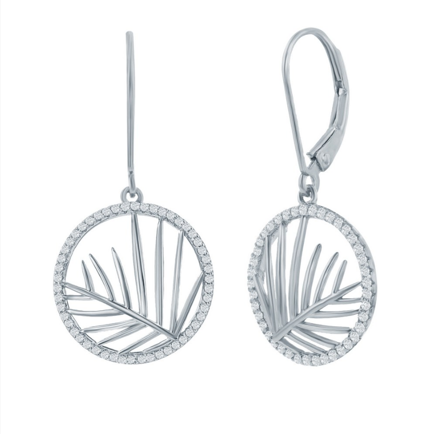 Classic of New York Sterling Silver Round CZ Outline w/Leaf Cut Out Center Dangle Earrings feature circular frames with a leaf design and sparkling CZ accents.