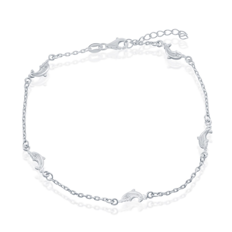 The Classic of New York Sterling Silver Dolphin Anklet features small dolphin charms evenly spaced along a delicate 925 sterling silver chain, beautifully displayed against a white background.
