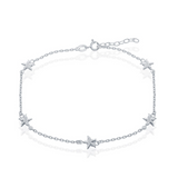 The Classic of New York Sterling Silver Starfish Anklet features a 925 silver chain with five starfish charms, a lobster clasp, and an adjustable extension for the perfect fit.