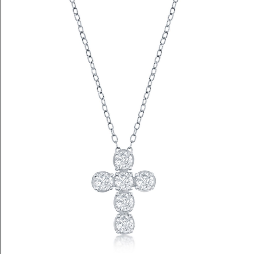 The Classic of New York Sterling Silver Pave CZ Cross Necklace features a 925 silver chain and a sparkling cross pendant set with round cubic zirconia stones.