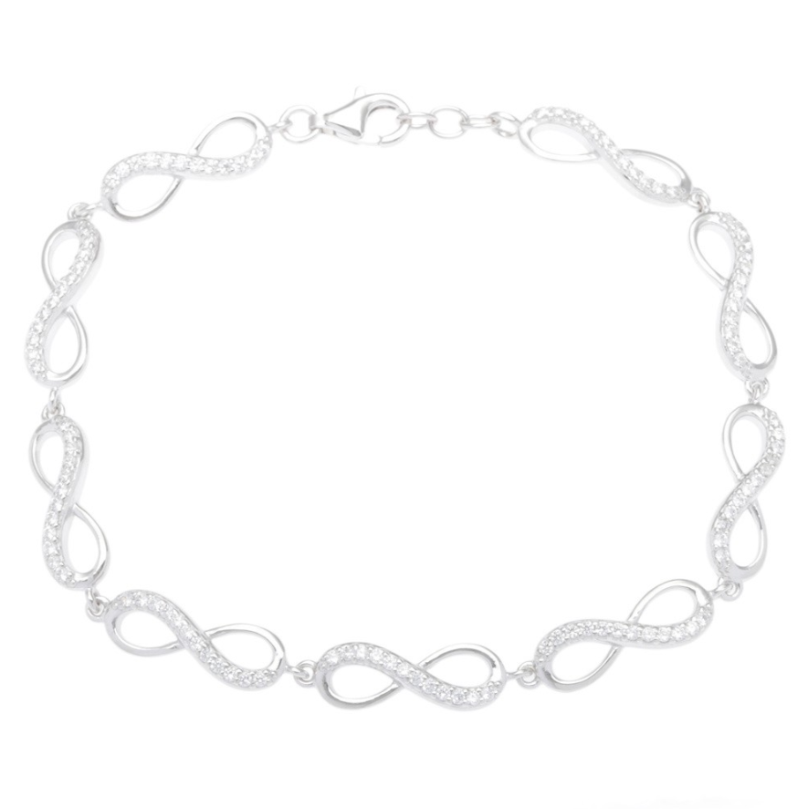 The Classic of New York Sterling Silver Half CZ Infinity Bracelet features a repeating infinity design, some accented with sparkling stones, and is secured with a lobster clasp.