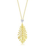 The Classic of New York Gold Plate Leaf Cut Out w/ CZ Necklace features a delicate leaf-shaped pendant with a clear CZ stone on an adjustable fine 925 sterling silver chain, displayed against a white background.