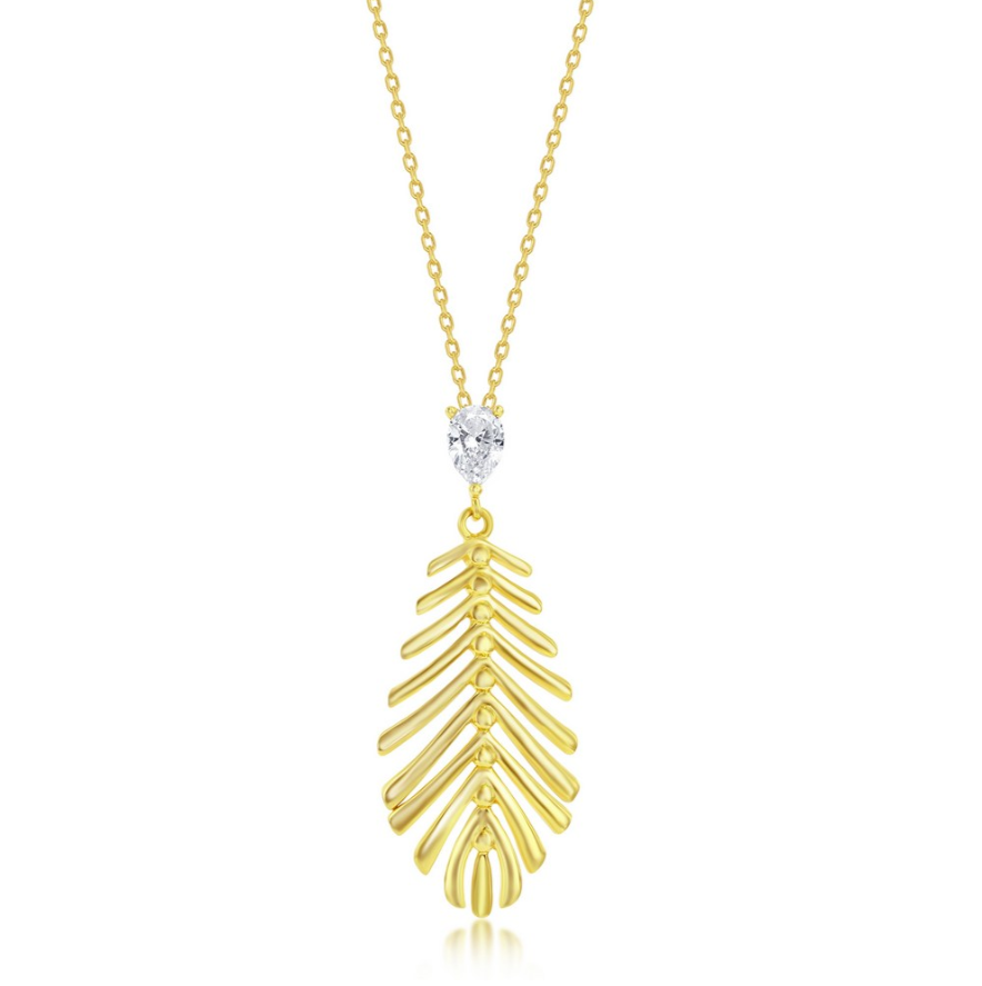 The Classic of New York Gold Plate Leaf Cut Out w/ CZ Necklace features a delicate leaf-shaped pendant with a clear CZ stone on an adjustable fine 925 sterling silver chain, displayed against a white background.