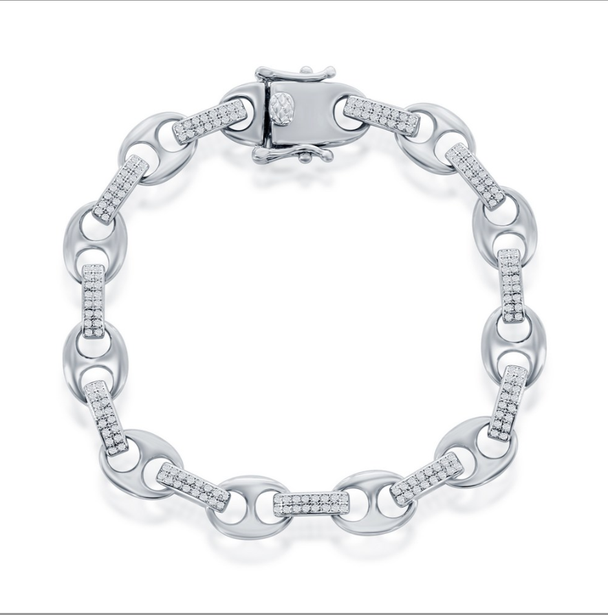 The Classic of New York Sterling Silver Pave CZ Marina Link Bracelet features alternating oval and cylindrical links, some with pave CZ stones, arranged in a circle and finished with a decorative clasp.