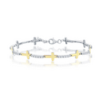 The Gold Plated CZ Sideways Cross Bracelet by Classic of New York features alternating yellow gold plated and sterling silver cross links, sparkling white stones, and a secure lobster clasp.