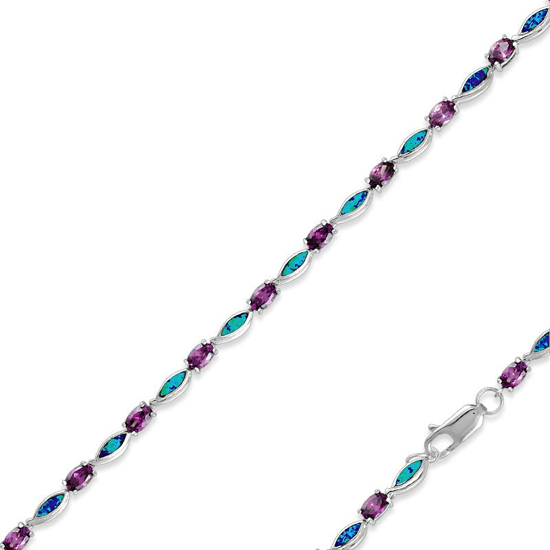 The Classic of New York Caribbean Opal Inlay Marquis & Oval Amethyst Bracelet features alternating purple amethysts and marquise-shaped opal inlays, linked with sterling silver and secured by a lobster clasp.