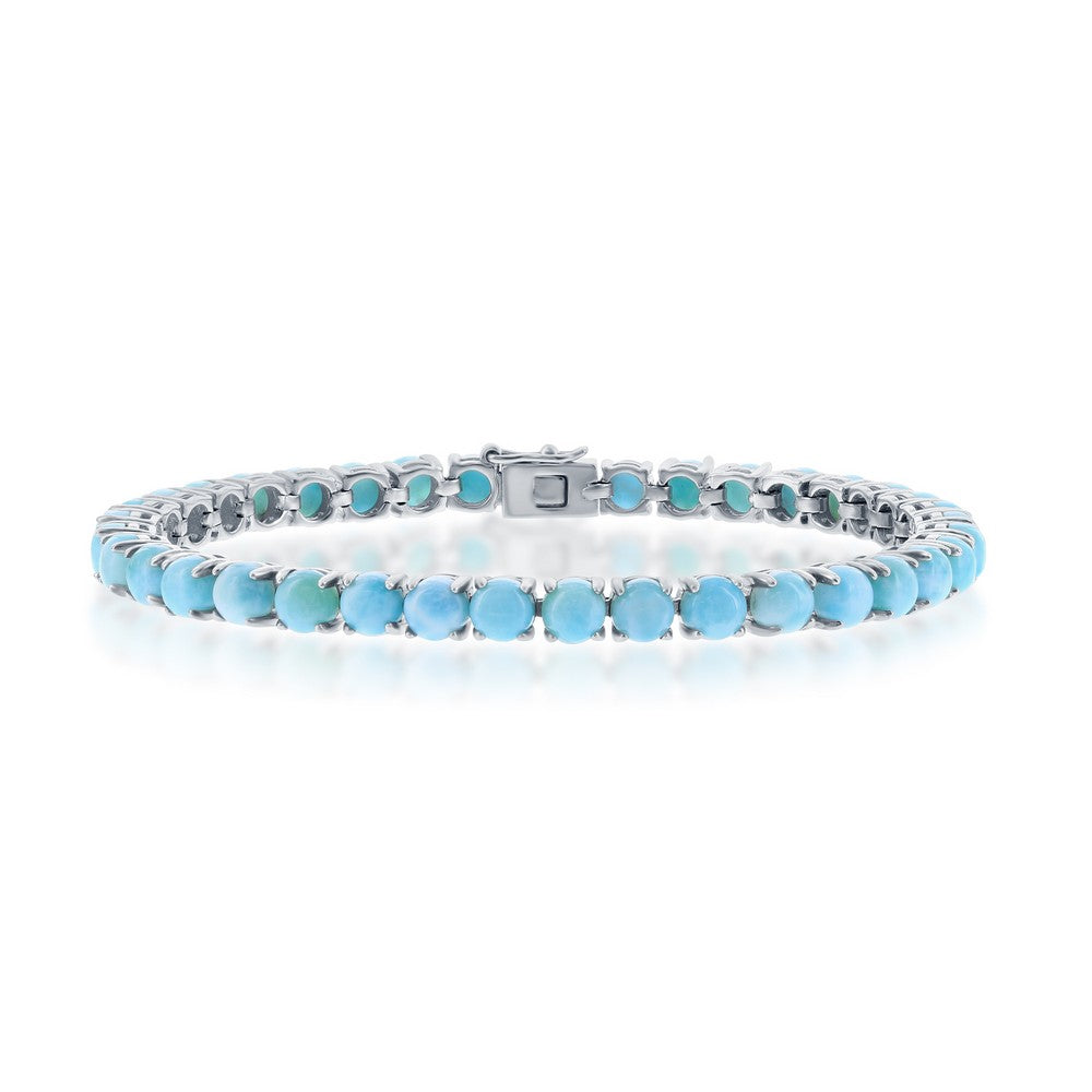 The Classic of New York Larimar 5MM Tennis Bracelet features a single row of round larimar stones set in prongs on rhodium plated 925 sterling silver, displayed on a white background.