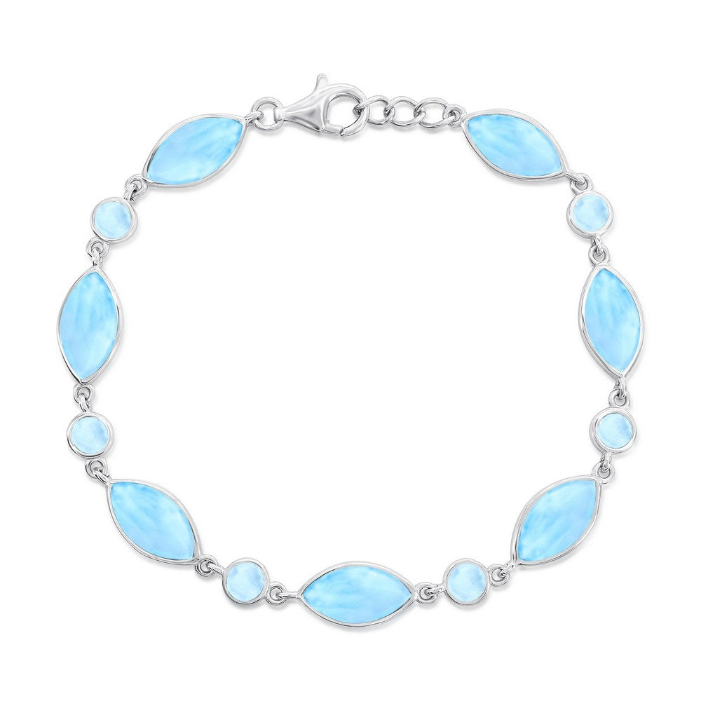 The Classic of New York Larimar Marquis & Round 13 Link Bracelet showcases alternating marquis and round light blue gemstones set in sterling silver, complete with a lobster clasp and extender chain.