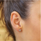 Close-up of a persons ear adorned with Shanores Swarovski Crystals Aqua Starfish Stud Earrings, featuring sparkling stones in sterling silver. Hair is tied back, highlighting the exquisite Swarovski crystals glinting against a neutral background.