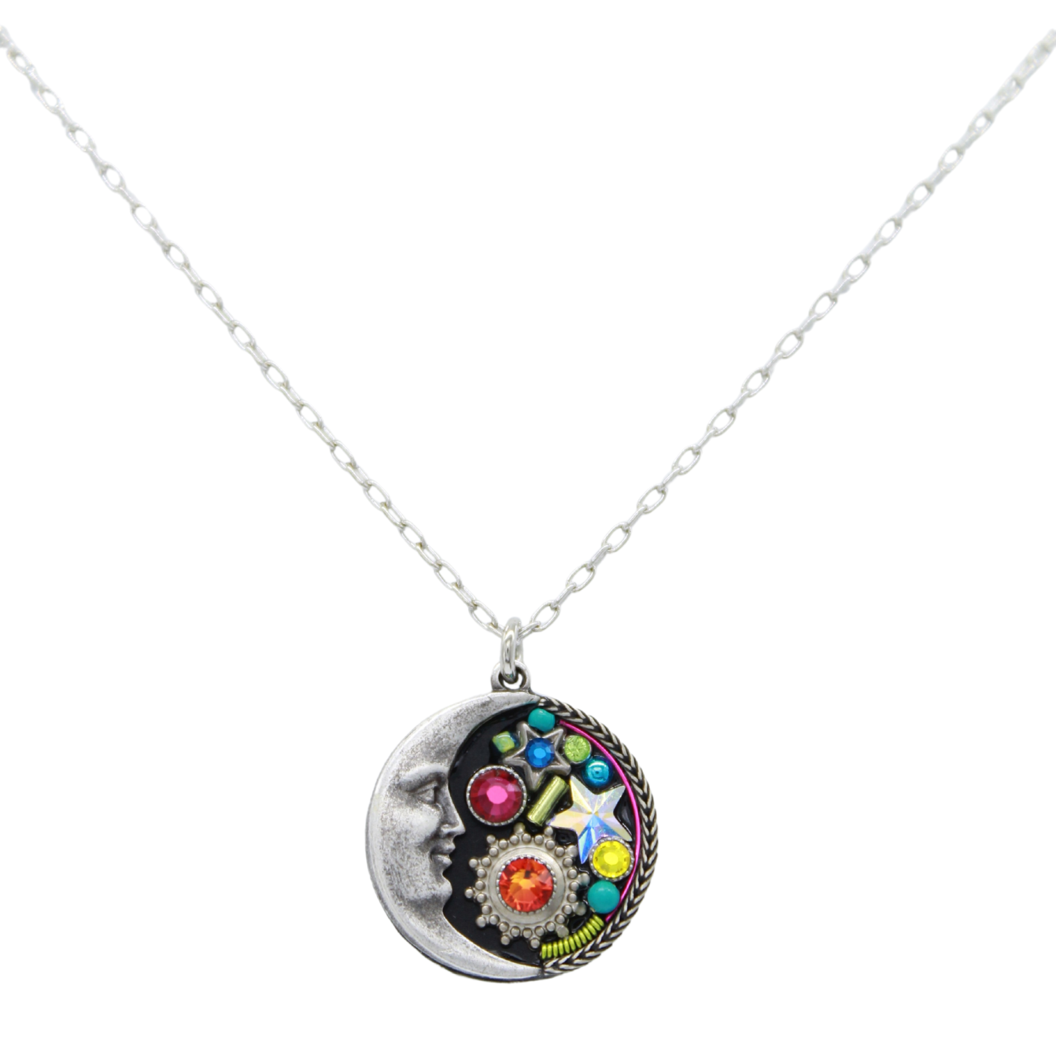 Introducing the Midnight Moon Multi-Color Necklace by Firefly. This exquisite silver piece, handmade in Guatemala, features a round pendant with a crescent moon face. Vibrant gems and intricate metal gears enhance its unique flair on a delicate chain.