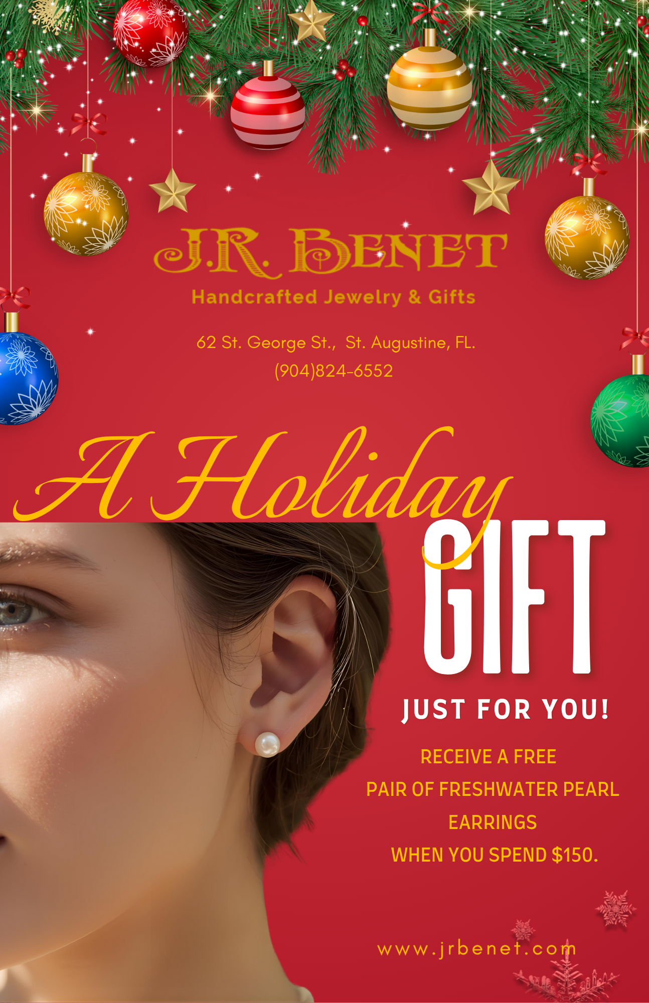 Promotional graphic for a holiday gift with a decorative ornament and text on a red background.