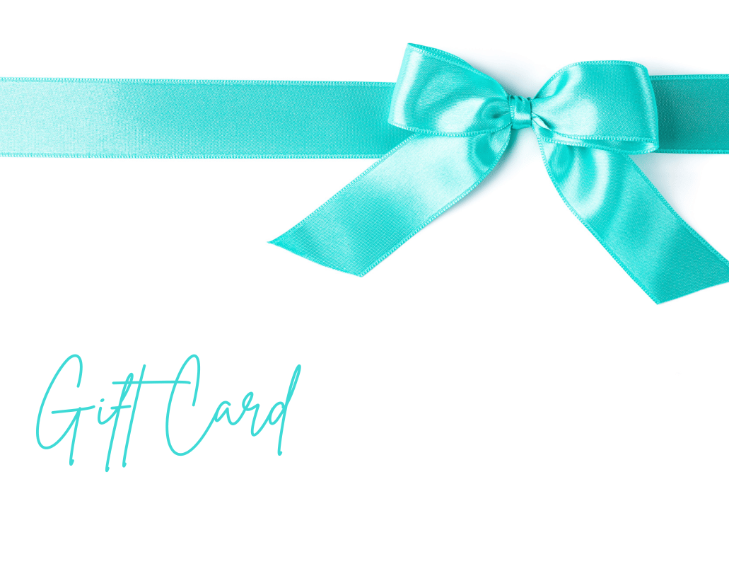 A turquoise ribbon with a bow accents the top right of a white background. “JR Benet Gift Card” appears in matching script at the lower left, making this Benet Store, Inc. gift card a perfect choice for any occasion.