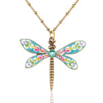 The Brite Bloom Cascade Bouquet Small Dragonfly Crystal Necklace by Anne Koplik Designs, Inc. features a gold chain, blue wings with multicolored floral designs, a green gem center, and an antiqued brass body for vintage-inspired charm.