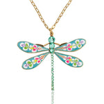The Brite Burst Floral Bouquet Large Dragonfly Crystal Necklace by Anne Koplik Designs, Inc. features vibrant enamel wings, colorful floral accents, and green crystals for a bold boho statement.