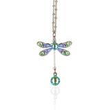The Small Enamel/Crystal Dragonfly w/Drop Necklace by Anne Koplik Designs, Inc. features hand-enameled wings with blue, green, and purple crystals plus a dangling blue gem—an exquisite piece shown on a white background.
