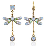 Anne Koplik Designs' Light Blue Pastel Dream Dragonfly Crystal Drop Dangle Earrings feature gold-toned metal, blue and green opalescent wings, and pale gemstone accents—adding a whimsical touch to any outfit.