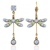 Anne Koplik Designs' Light Blue Pastel Dream Dragonfly Crystal Drop Dangle Earrings feature gold-toned metal, blue and green opalescent wings, and pale gemstone accents—adding a whimsical touch to any outfit.