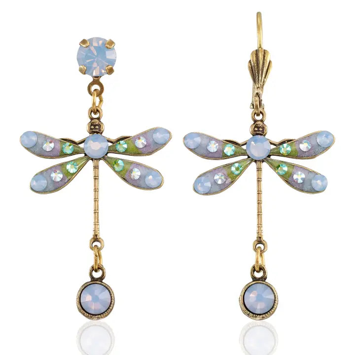 Anne Koplik Designs' Light Blue Pastel Dream Dragonfly Crystal Drop Dangle Earrings feature gold-toned metal, blue and green opalescent wings, and pale gemstone accents—adding a whimsical touch to any outfit.