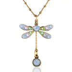 The Light Blue Pastel Dream Dragonfly Crystal Drop Necklace by Anne Koplik Designs, Inc. features pastel blue and green gemstones on the wings and a round blue gem drop from the tail, making it a stunning vintage-inspired designer piece.