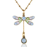 The Light Blue Pastel Dream Dragonfly Crystal Drop Necklace by Anne Koplik Designs, Inc. features pastel blue and green gemstones on the wings and a round blue gem drop from the tail, making it a stunning vintage-inspired designer piece.