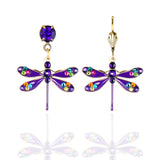 Anne Koplik Designs, Inc. Enamel/Stone Dragonfly Purple Earrings feature hand-enameled purple bodies and wings with colorful crystals; one has a hook clasp, the other a stud with a purple gem. Displayed on white with faint reflection.