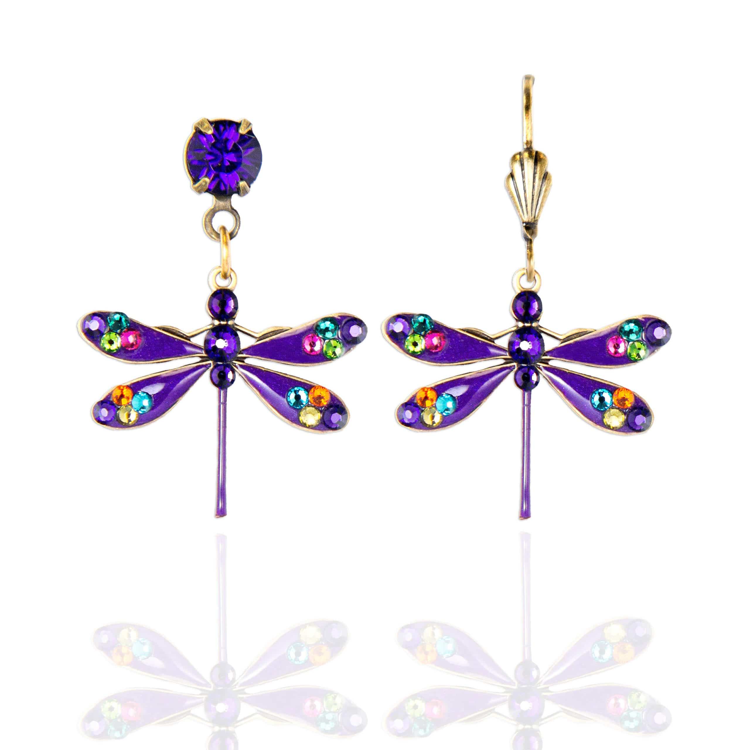 Anne Koplik Designs, Inc. Enamel/Stone Dragonfly Purple Earrings feature hand-enameled purple bodies and wings with colorful crystals; one has a hook clasp, the other a stud with a purple gem. Displayed on white with faint reflection.