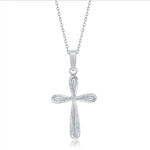 The Classic of New York Sterling Silver Diamond Cut Border Cross Necklace features a textured, engraved cross pendant on a delicate silver chain, shown against a white background.
