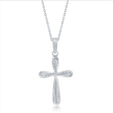 The Classic of New York Sterling Silver Diamond Cut Border Cross Necklace features a textured, engraved cross pendant on a delicate silver chain, shown against a white background.