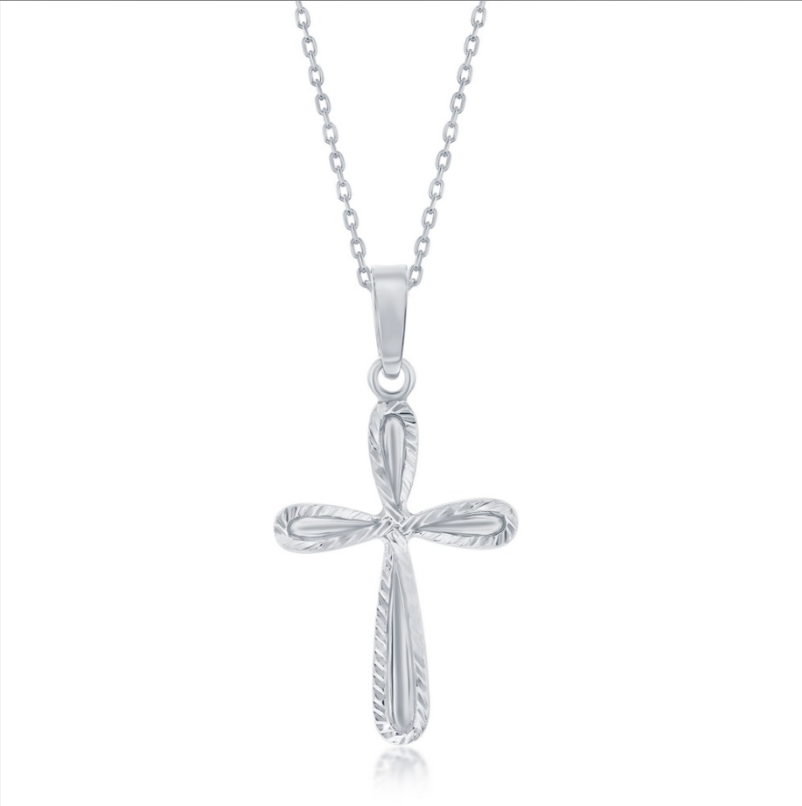 The Classic of New York Sterling Silver Diamond Cut Border Cross Necklace features a textured, engraved cross pendant on a delicate silver chain, shown against a white background.