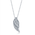 The Classic of New York Sterling Silver/CZ Wing Necklace features an angel wing pendant adorned with sparkling clear stones, shown against a white background.