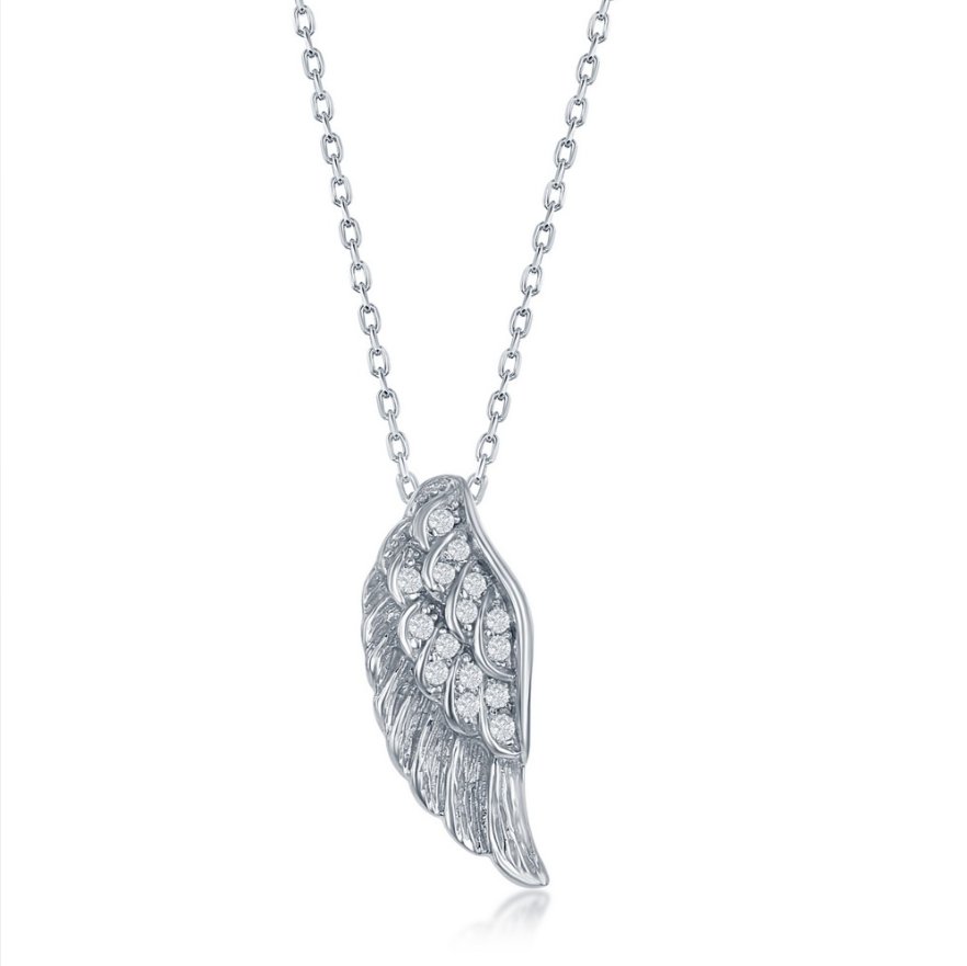 The Classic of New York Sterling Silver/CZ Wing Necklace features an angel wing pendant adorned with sparkling clear stones, shown against a white background.