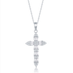 The Classic of New York Sterling Silver Baguette CZ Cross Necklace features a sparkling baguette CZ cross pendant on a delicate 925 sterling silver, rhodium-plated chain, displayed against a white background.